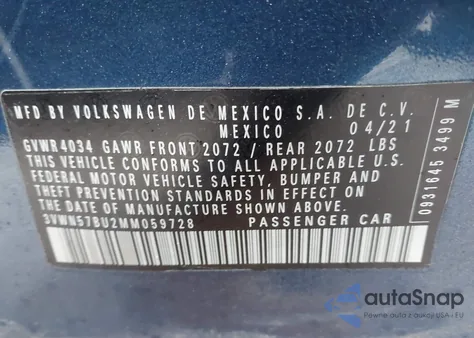 2021 Volkswagen Jetta 1.4T R-Line/1.4T S z USA, uszkodzony, nr VIN 3VWN57BU2MM059728